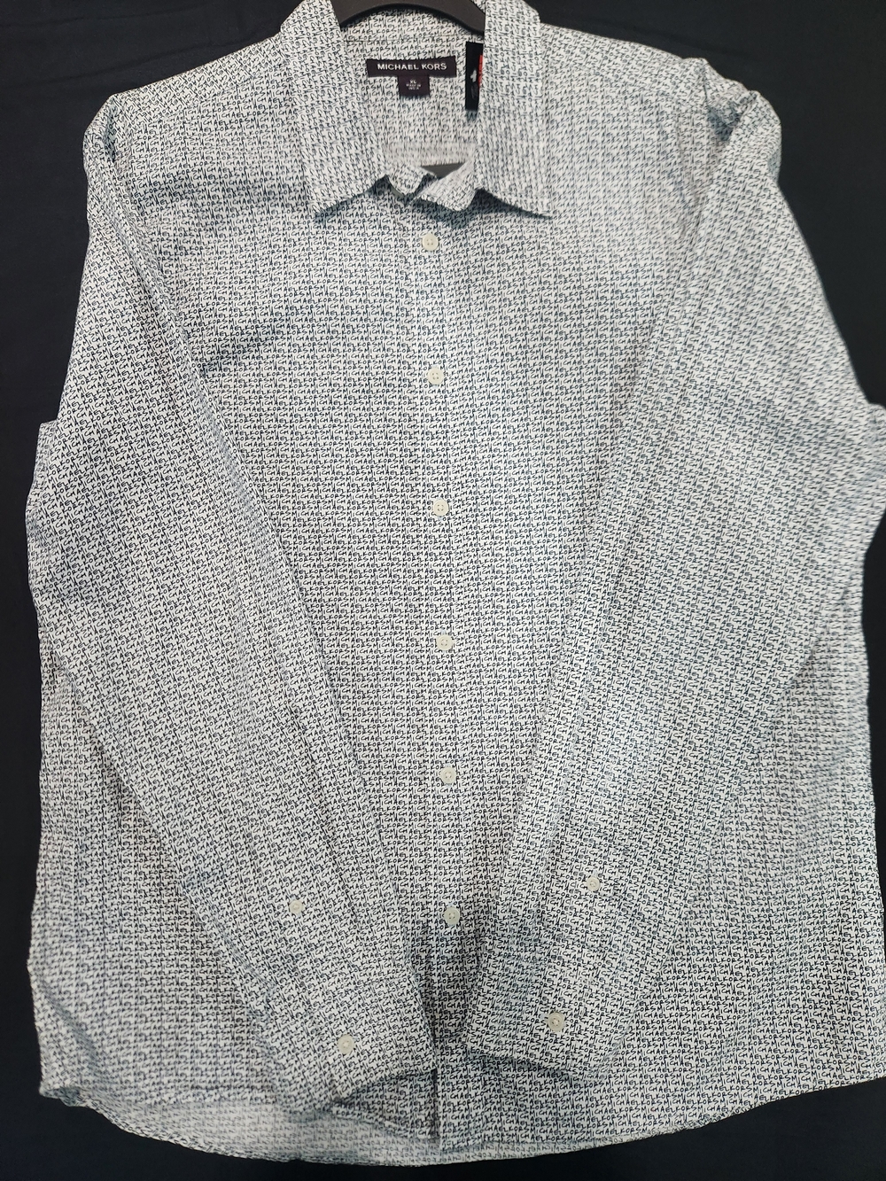 Michael Kors White and Navy Micro-Pattern Button-Up Shirt
